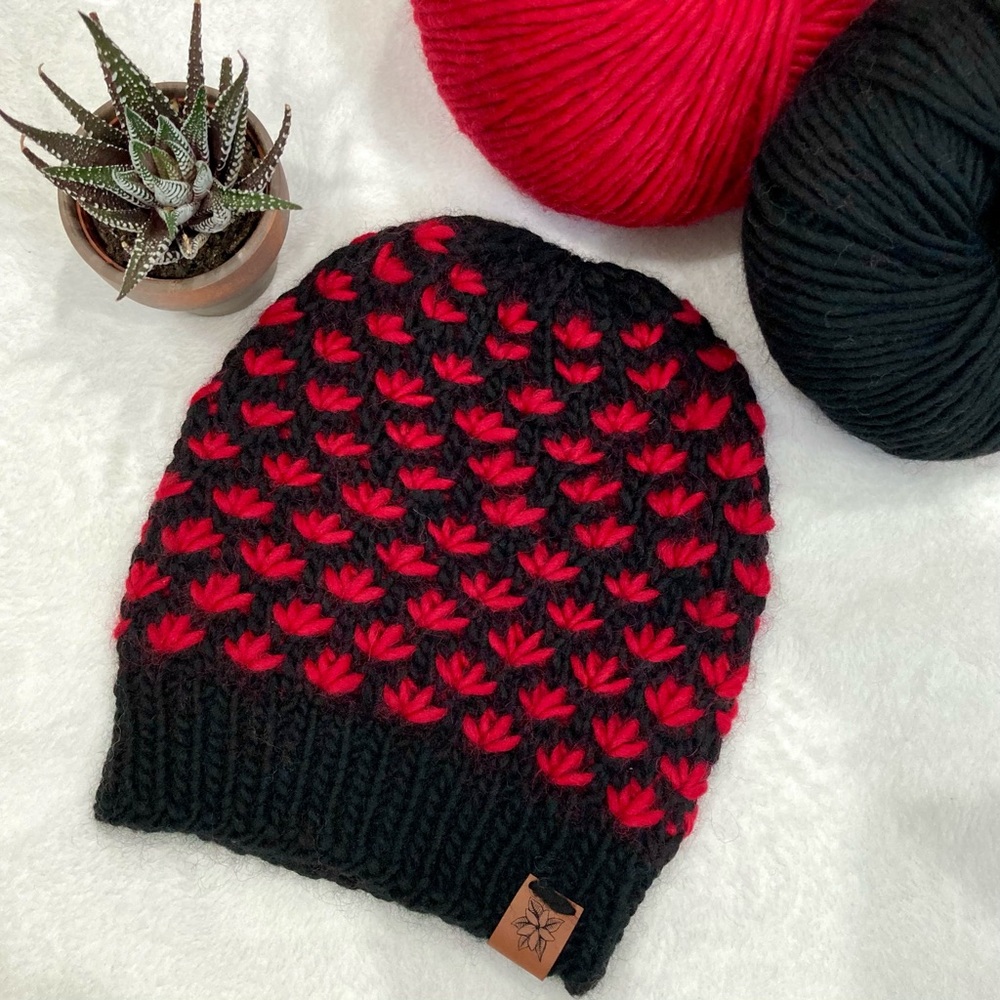Handcrafted Lotus Flower beanie black red, women’s handmade knitted hat